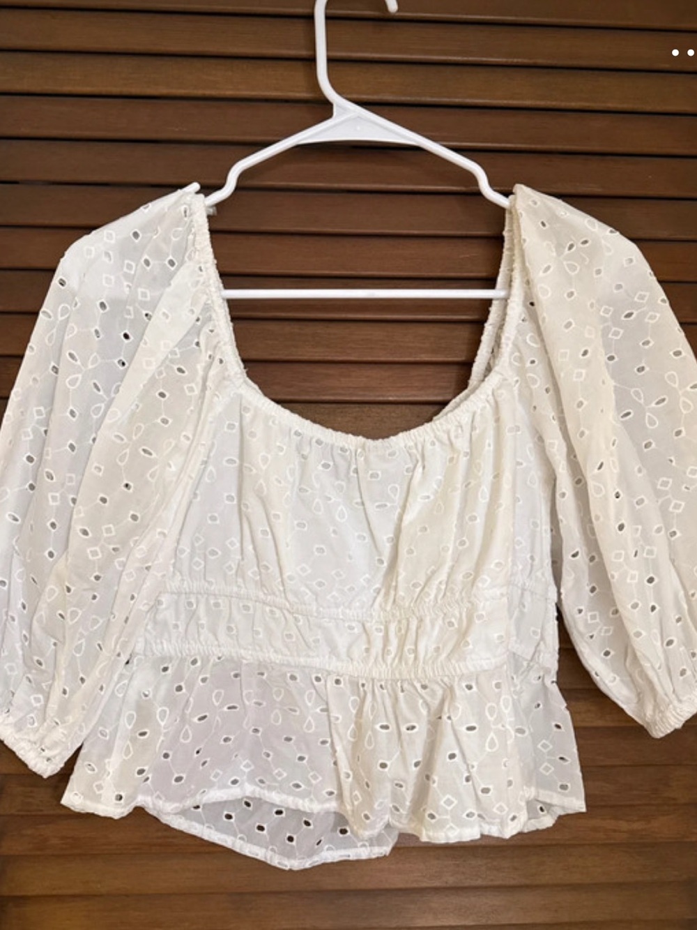 a new day Cream Eyelet Peplum Blouse with Puff Sleeves